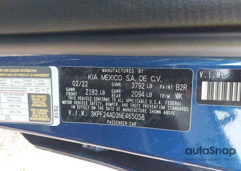 2022 Kia Forte Lxs из США, поврежденный, VIN 3KPF24AD3NE465058